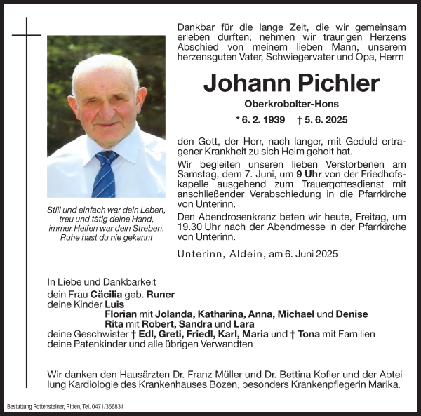 Traueranzeige von Johann Pichler von Dolomiten