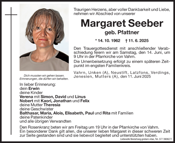 Traueranzeige von Margaret Seeber von Dolomiten