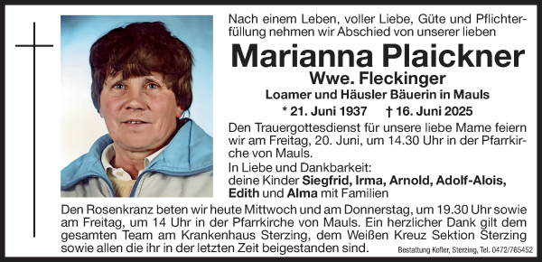 Traueranzeige von Marianna Fleckinger von Dolomiten