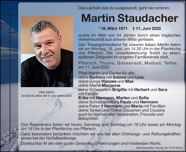 Traueranzeige von Martin Staudacher von Dolomiten