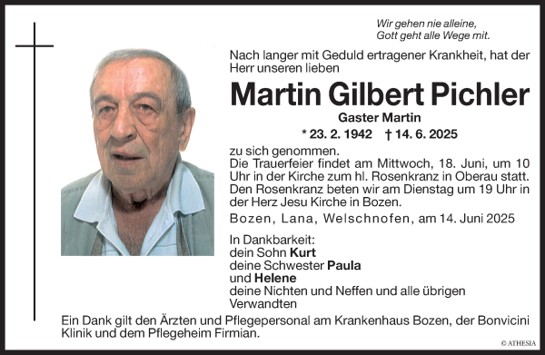 Traueranzeige von Martin Gilbert Pichler von Dolomiten