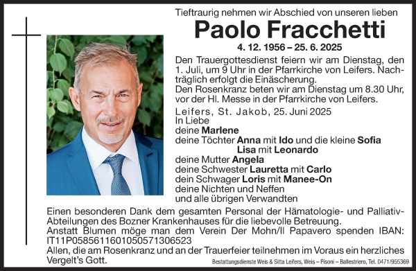 Traueranzeige von Paolo Fracchetti von Dolomiten