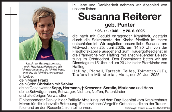 Traueranzeige von Susanna Reiterer von Dolomiten