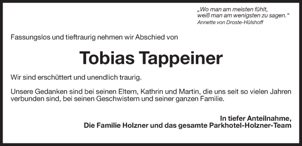 Traueranzeige von Tobias Tappeiner von Dolomiten