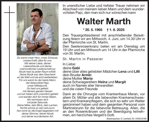 Traueranzeige von Walter Marth von Dolomiten