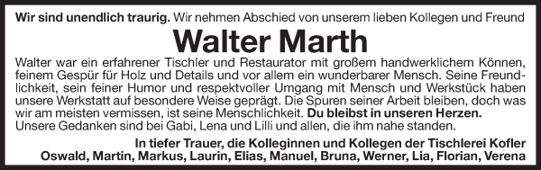 Traueranzeige von Walter Marth von Dolomiten