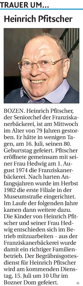 Traueranzeige von Heinrich Pfitscher von Dolomiten