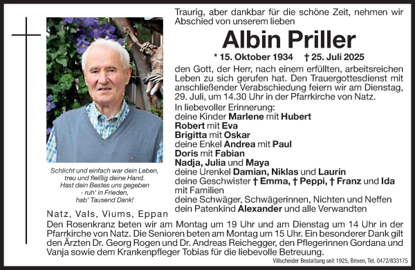Traueranzeige von Albin Priller von Dolomiten