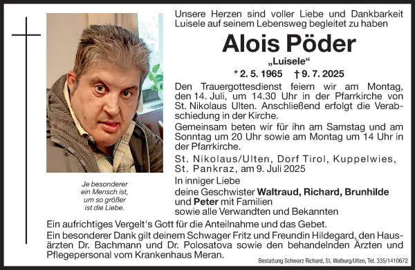 Traueranzeige von Alois Pöder von Dolomiten