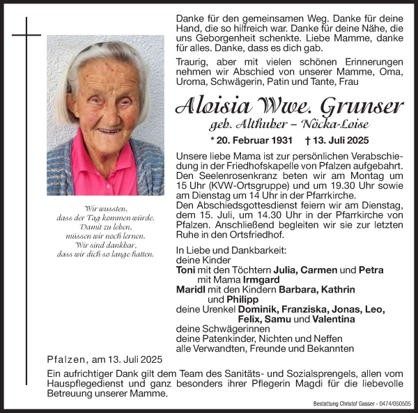 Traueranzeige von Aloisia Grunser von Dolomiten