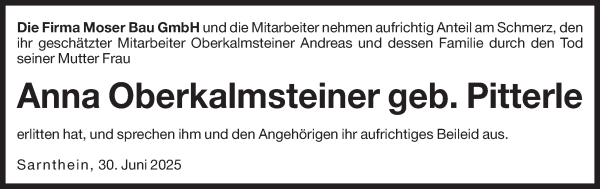 Traueranzeige von Anna Oberkalmsteiner von Dolomiten