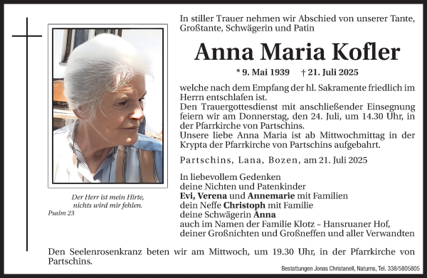 Traueranzeige von Anna Maria Kofler von Dolomiten