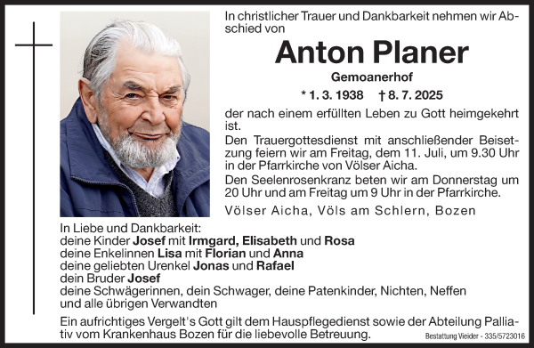Traueranzeige von Anton Planer von Dolomiten
