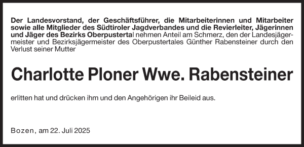 Traueranzeige von Charlotte Rabensteiner von Dolomiten