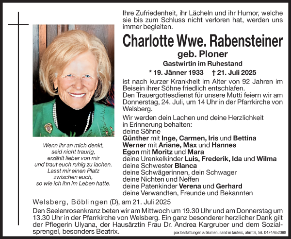 Traueranzeige von Charlotte Rabensteiner von Dolomiten
