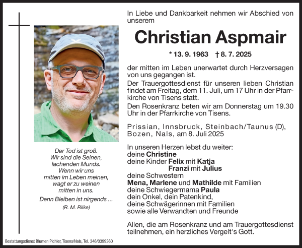Traueranzeige von Christian Aspmair von Dolomiten