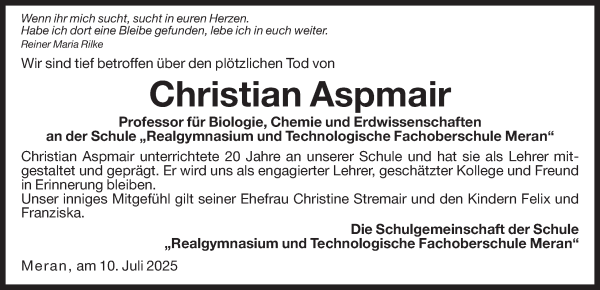 Traueranzeige von Christian Aspmair von Dolomiten