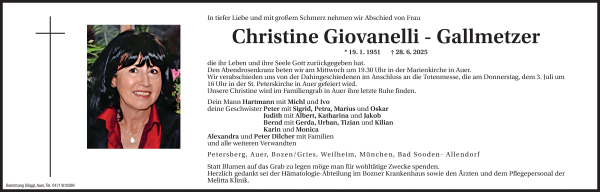 Traueranzeige von Christine Giovanelli Gallmetzer von Dolomiten