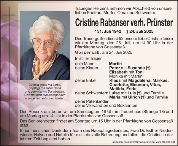 Traueranzeige von Cristine Prünster von Dolomiten