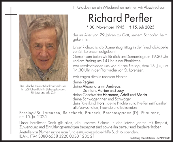 Traueranzeige von Richard Perfler von Dolomiten