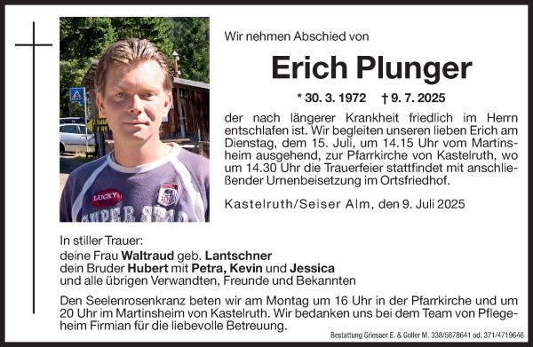 Traueranzeige von Erich Plunger von Dolomiten