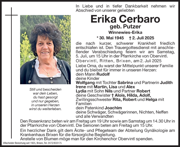 Traueranzeige von Erika Cerbaro von Dolomiten