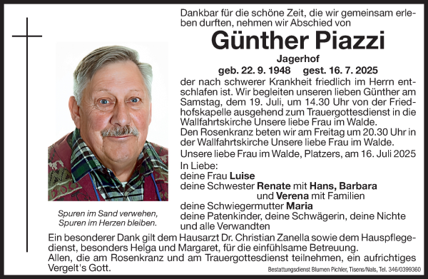 Traueranzeige von Günther Piazzi von Dolomiten