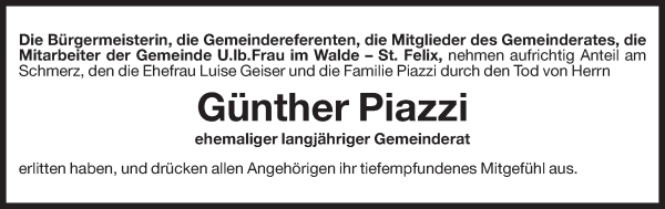 Traueranzeige von Günther Piazzi von Dolomiten
