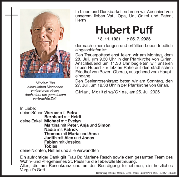 Traueranzeige von Hubert Puff von Dolomiten