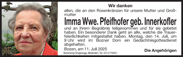 Traueranzeige von Imma Pfeifhofer von Dolomiten