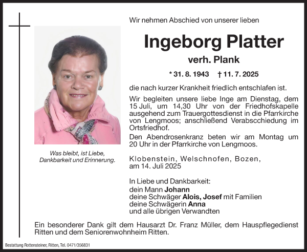 Traueranzeige von Ingeborg Plank von Dolomiten