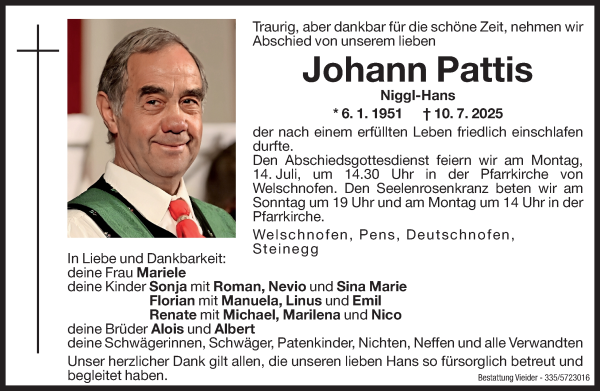 Traueranzeige von Johann Pattis von Dolomiten