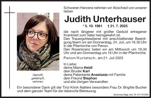 Traueranzeige von Judith Unterhauser von Dolomiten