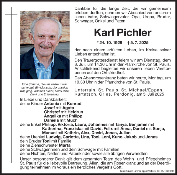 Traueranzeige von Karl Pichler von Dolomiten