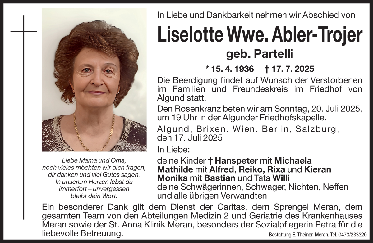  Traueranzeige für Liselotte Abler-Trojer vom 19.07.2025 aus Dolomiten