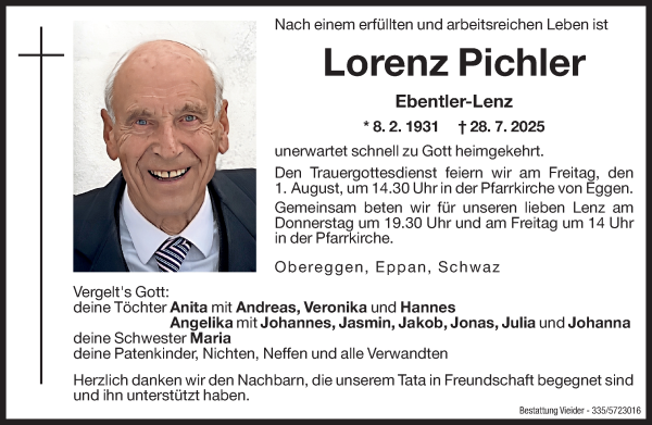 Traueranzeige von Lorenz Pichler von Dolomiten