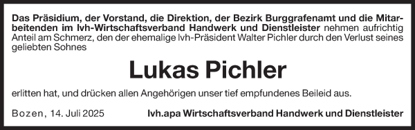 Traueranzeige von Lukas Pichler von Dolomiten