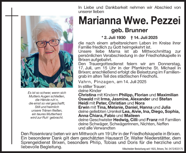 Traueranzeige von Marianna Pezzei von Dolomiten