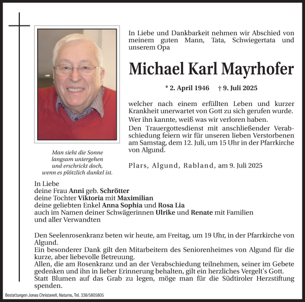 Traueranzeige von Michael Karl Mayrhofer von Dolomiten