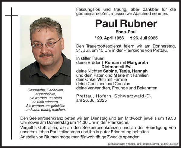Traueranzeige von Paul Rubner von Dolomiten