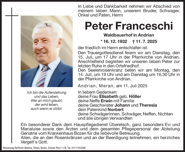 Traueranzeige von Peter Franceschi von Dolomiten