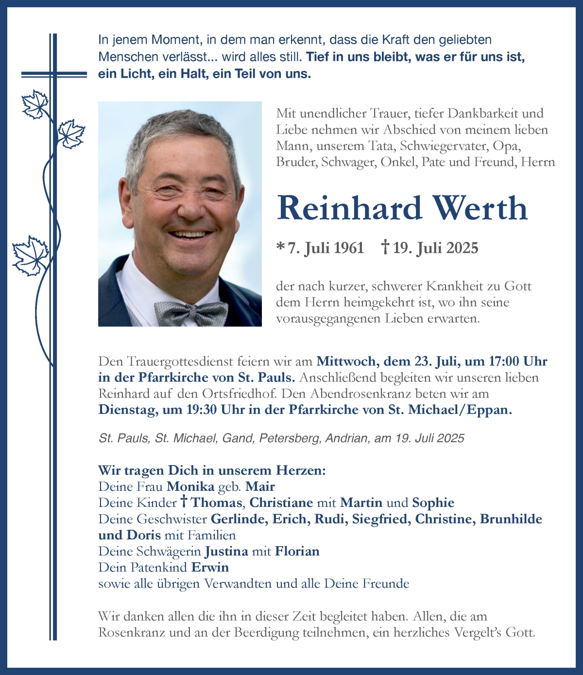  Traueranzeige für Reinhard Werth vom 21.07.2025 aus Dolomiten