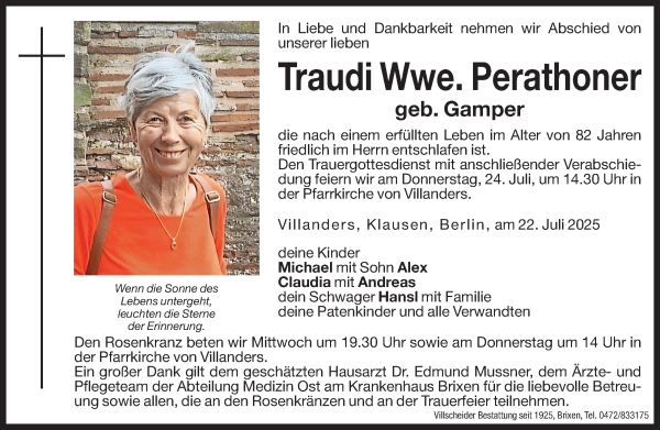 Traueranzeige von Traudi Perathoner von Dolomiten