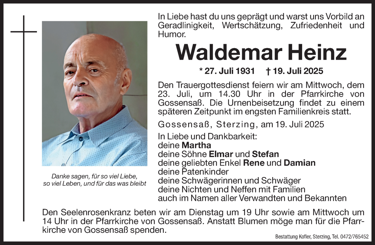  Traueranzeige für Waldemar Heinz vom 21.07.2025 aus Dolomiten