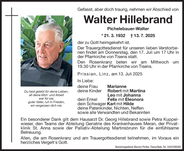 Traueranzeige von Walter Hillebrand von Dolomiten