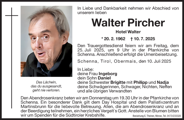 Traueranzeige von Walter Pircher von Dolomiten