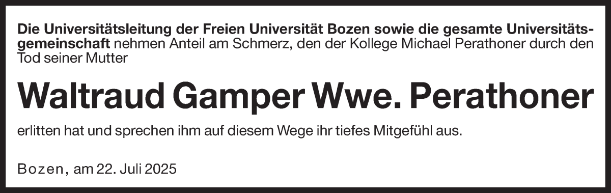  Traueranzeige für Waltraud Gamper vom 23.07.2025 aus Dolomiten
