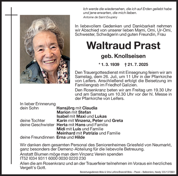 Traueranzeige von Waltraud Prast von Dolomiten