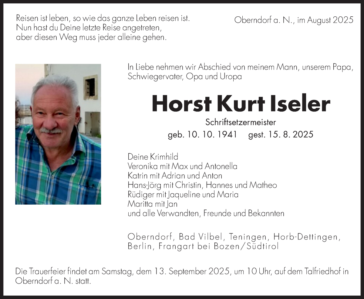  Traueranzeige für Horst Kurt Iseler vom 22.08.2025 aus Dolomiten