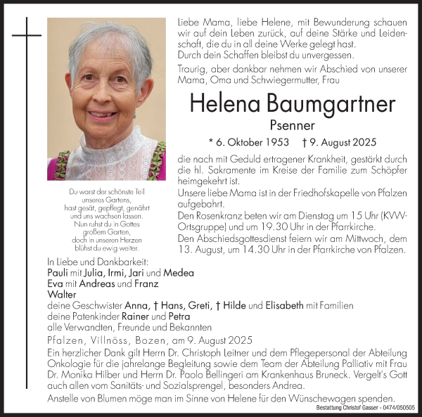 Traueranzeige von Helena Baumgartner Psenner von Dolomiten